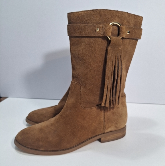 Michael Michael Kors Brown Suede Pull On Boots Goldtone Hardware Fringe Size 7.5 - Picture 1 of 16
